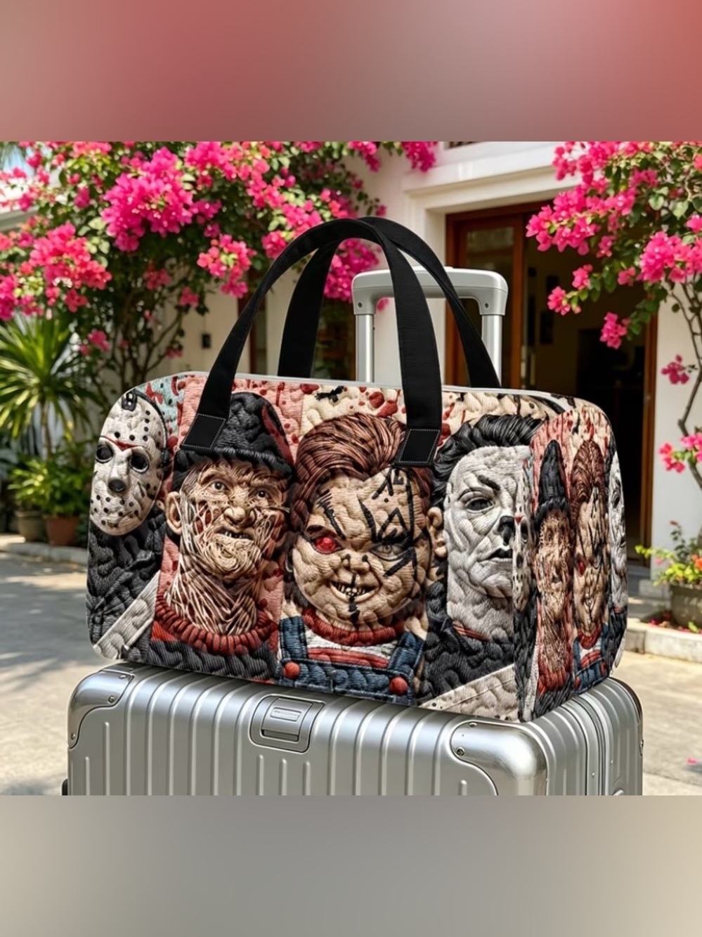 Horror Character Quilted Duffel Bag in Multicolor